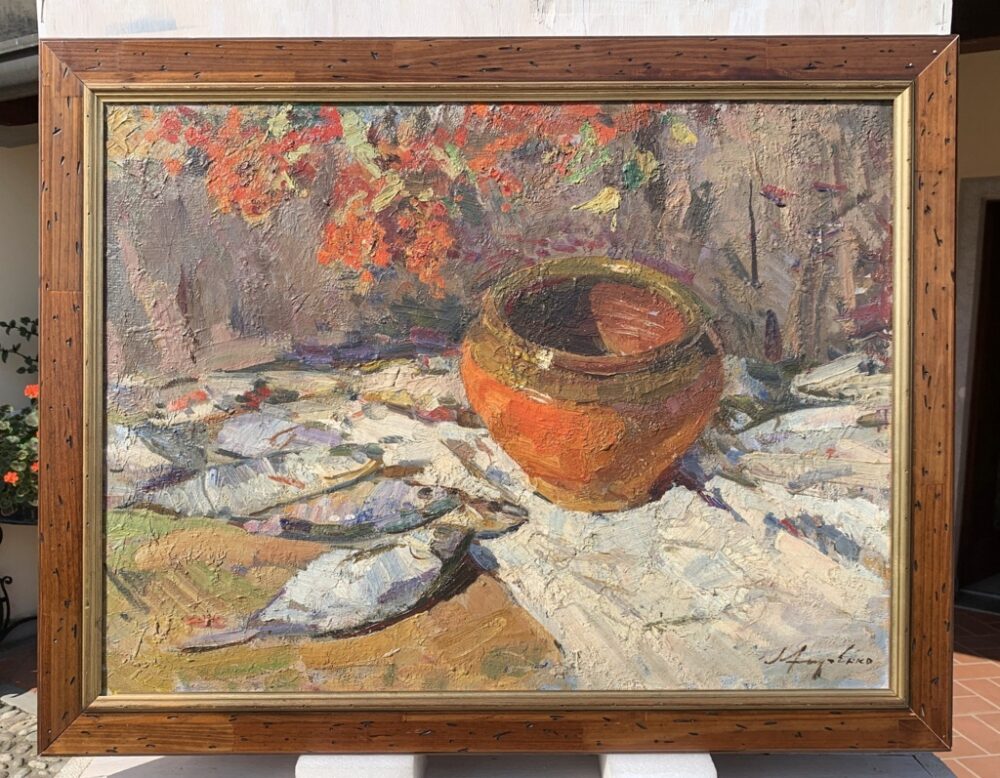 Lev Pavlovich Khodchenko (Shimanovka, 1912 - 1998) - Natura morta di pesci e vaso. - immagine 5
