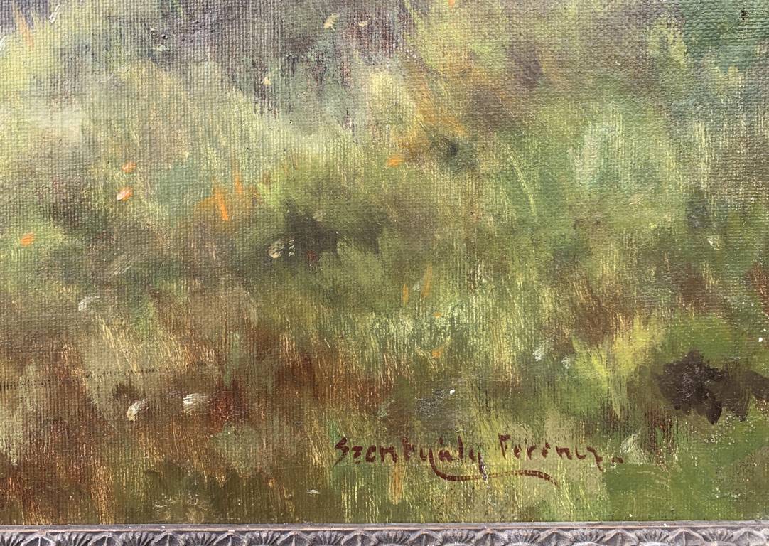 Pittore inglese (XIX sec.) - Paesaggio con gregge al tramonto. - immagine 7